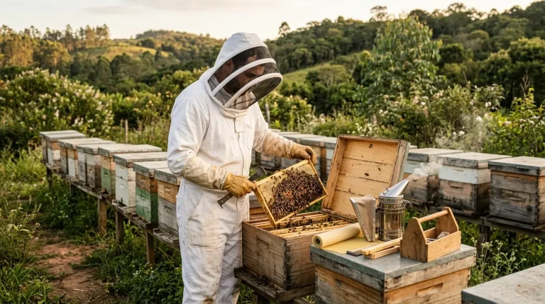 Apicultor iniciante em seu apiário